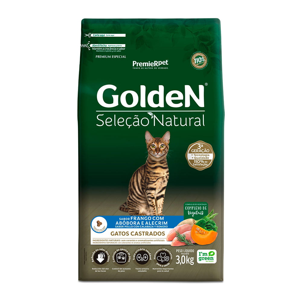 Ração Golden Seleção Natural Gatos Adultos Castrados Frango com Abóbora e Alecrim 3kg