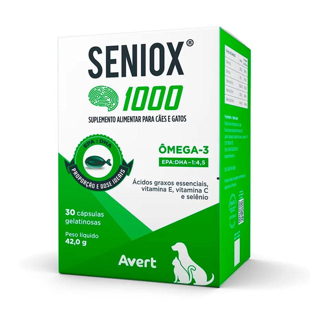 Suplemento Seniox 1000mg Para Cães e Gatos Avert 30 Cápsulas