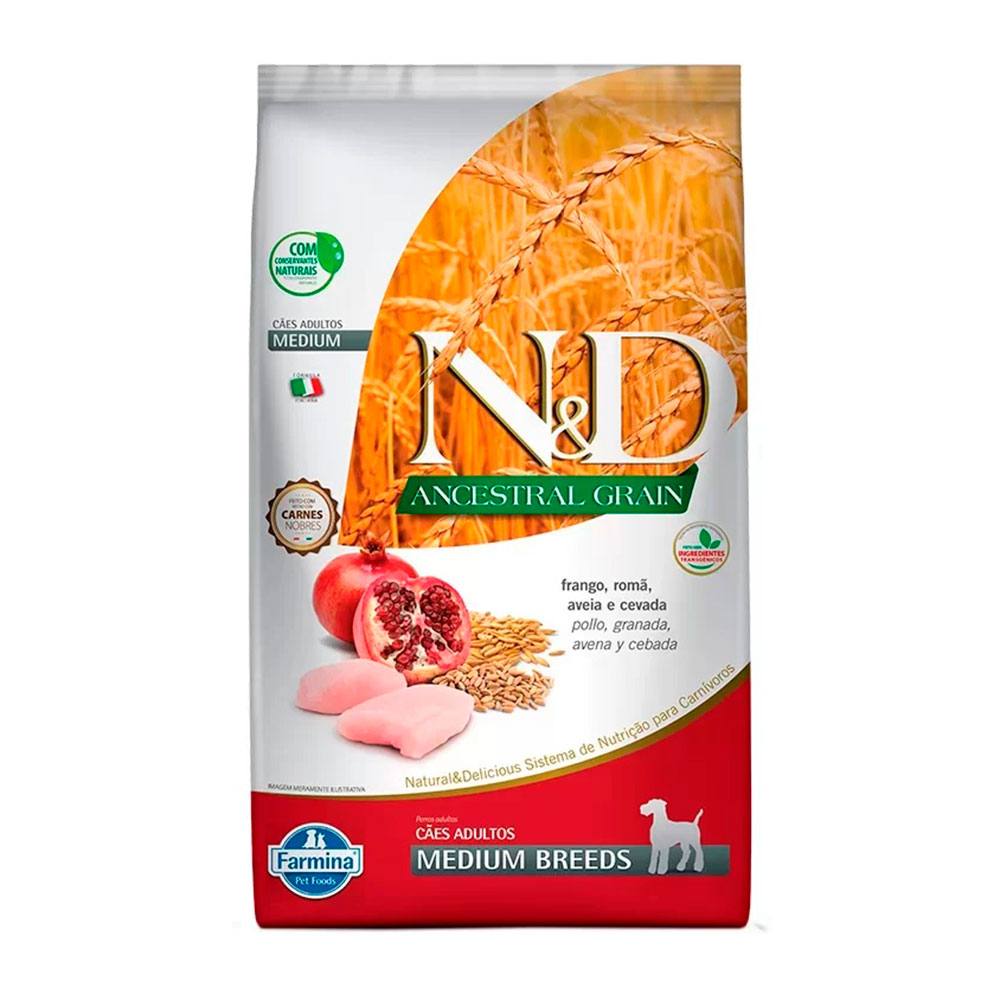 Ração Farmina N&D Ancestral Grain para Cães Adultos Raças Médias Sabor Frango e Romã - 10,1kg