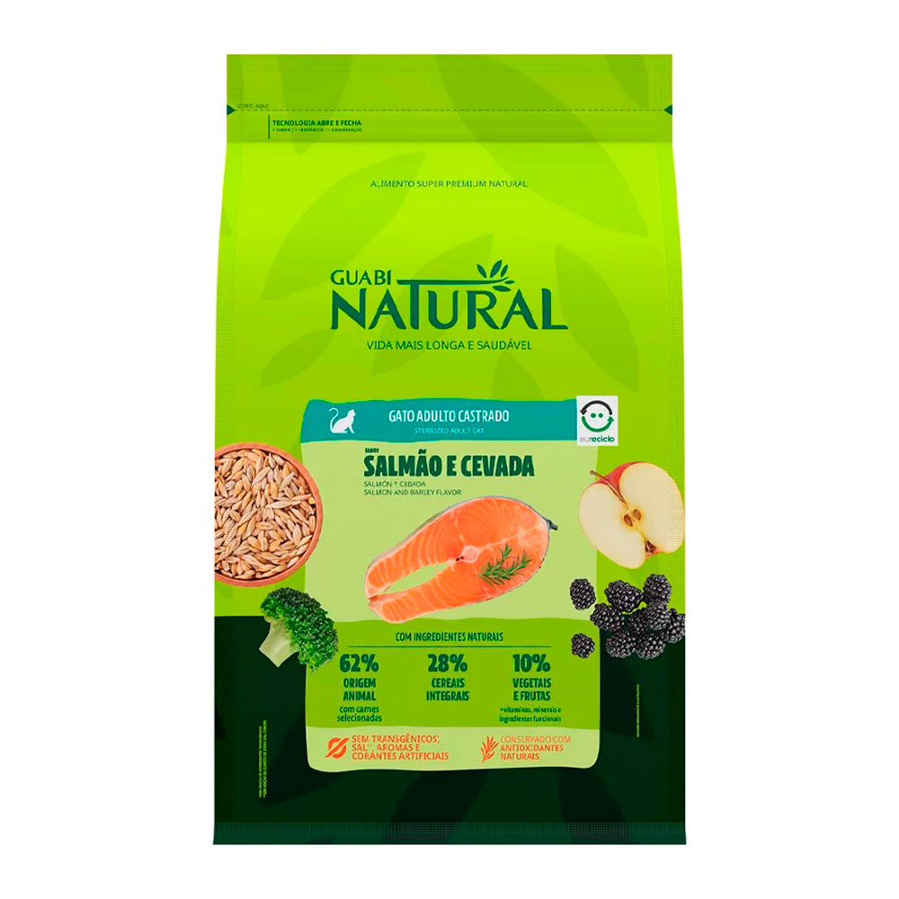 Ração Guabi Natural Para Gatos Adultos Castrados Sabor Salmão e Cevada 7,5kg