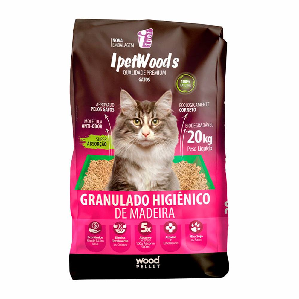 Granulado Higiênico De Madeira Para Gatos Ipet Woods 20kg