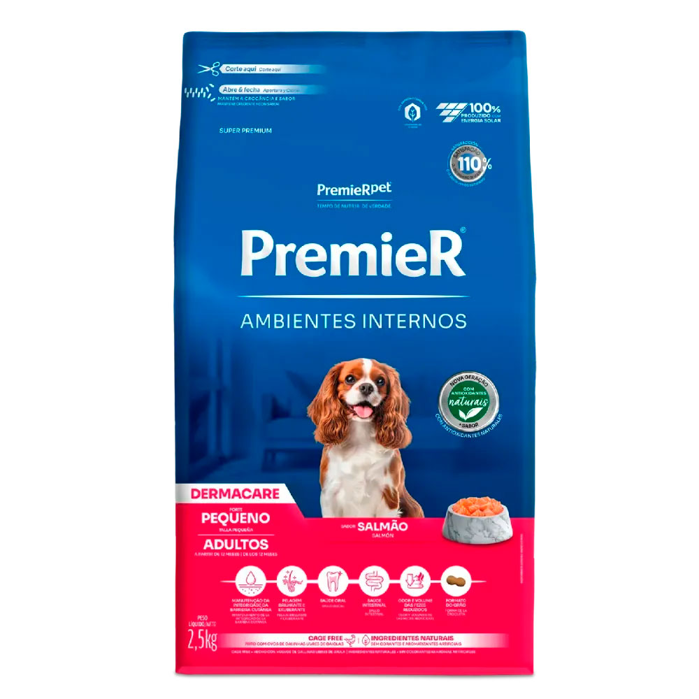 Ração Premier Ambientes Internos Dermacare Cães Adultos Porte Pequeno Salmão 2,5kg