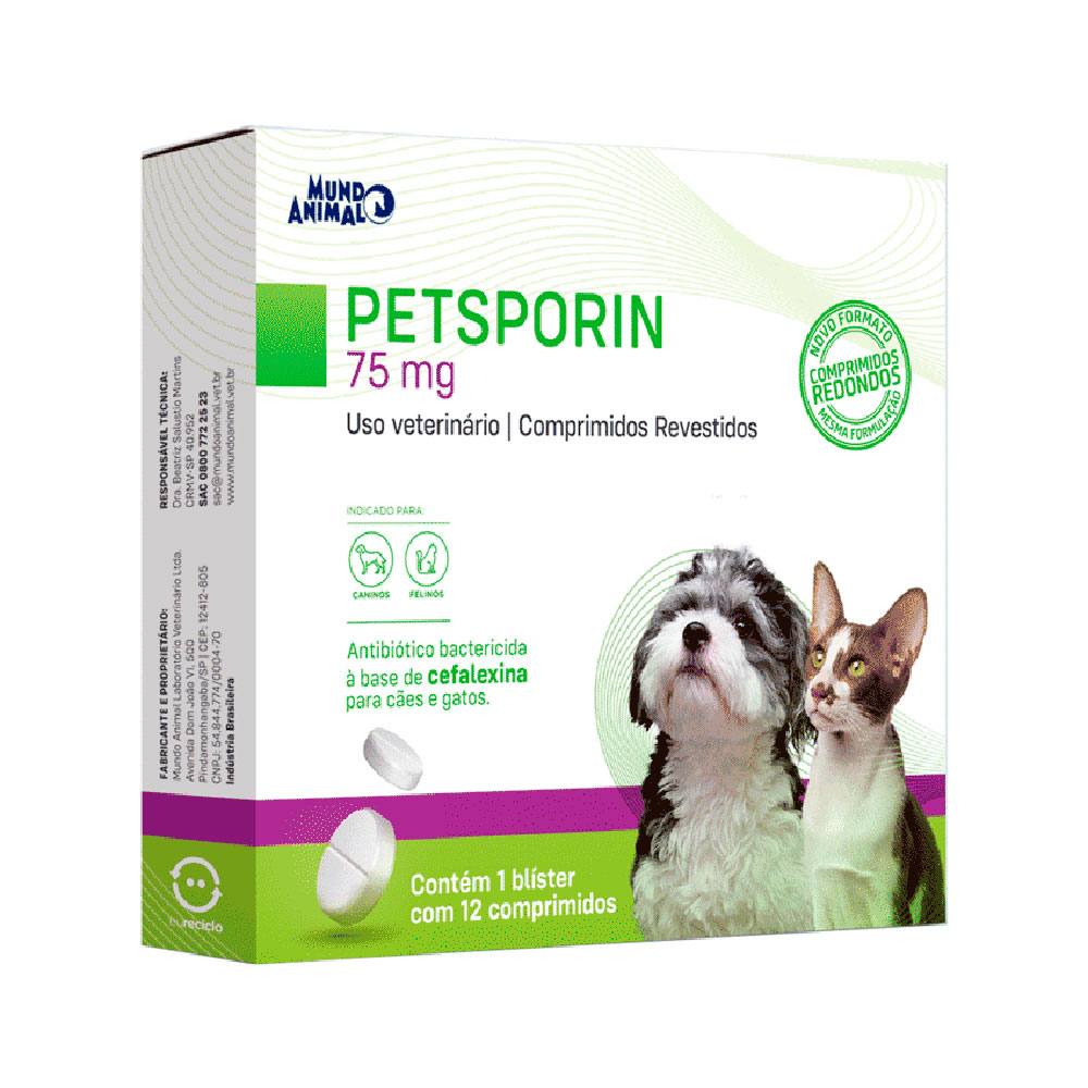 Petsporin 75mg Antibiótico Mundo Animal com 12 Comprimidos