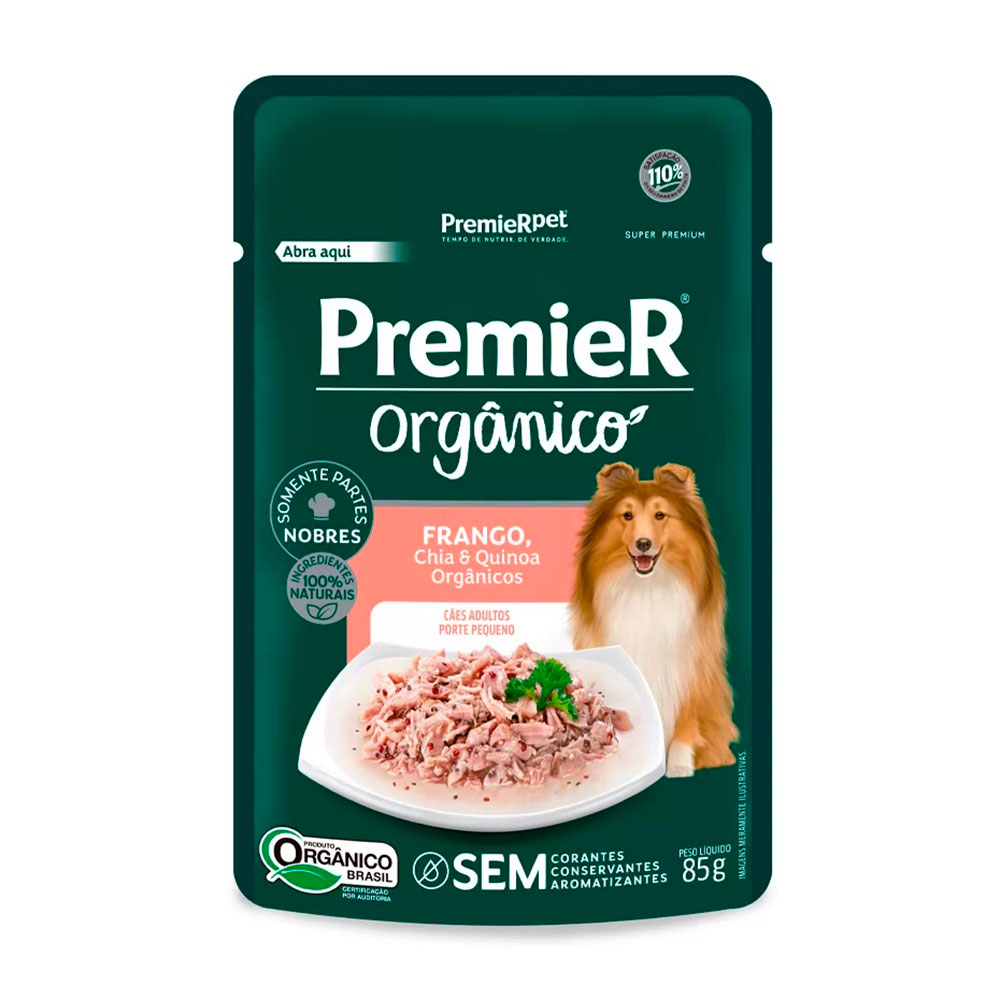 Ração Úmida Premier Orgânico Sachê Cães Adultos de Porte Pequeno Sabor Frango, Chia e Quinoa 85g