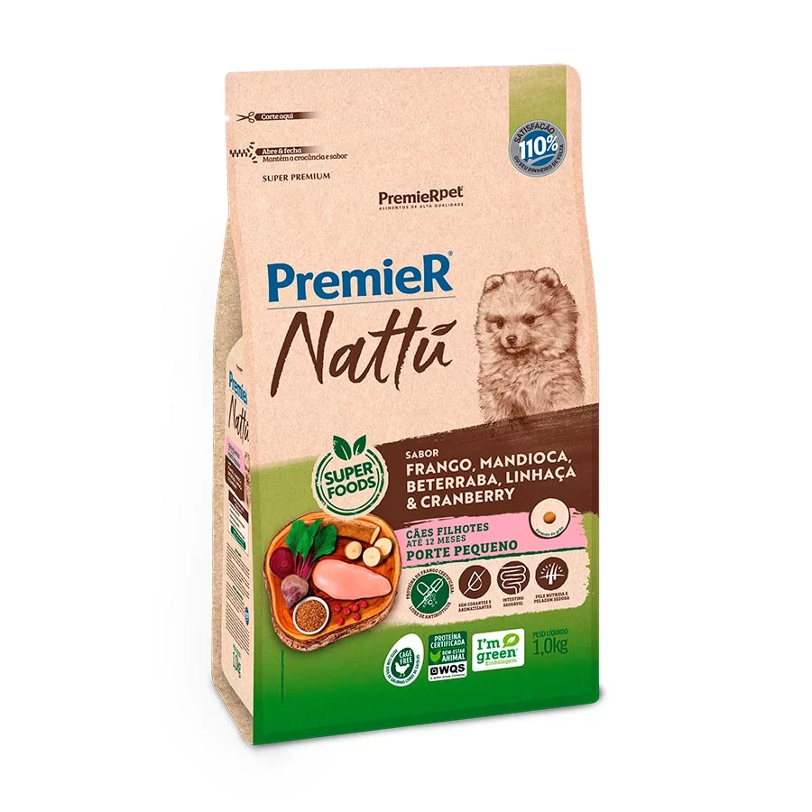 Ração Premier Nattu Cães Filhotes Raças Pequenas Sabor Mandioca 1kg