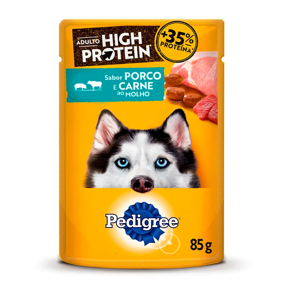 Ração Úmida Pedigree High Protein Sachê Cães Adultos Porco e Carne Ao Molho 85g