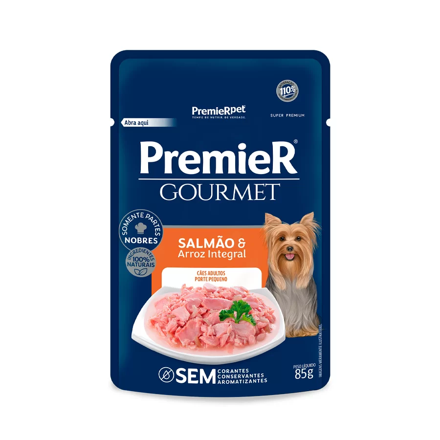 Ração Úmida Premier Gourmet Sachê Cães Adultos Raças Pequenas Salmão E Arroz Integral 85g