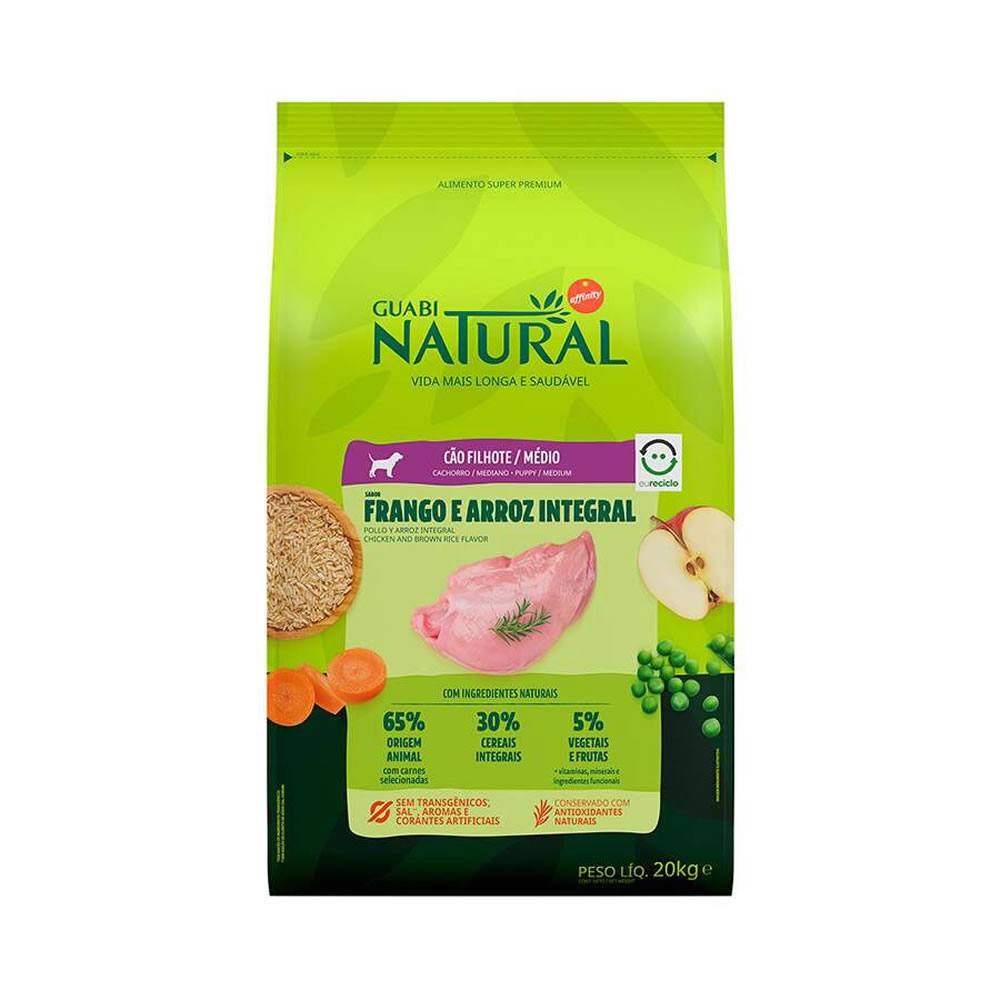 Ração Guabi Natural Cães Filhotes Porte Médio Sabor Frango e Arroz Integral 20kg