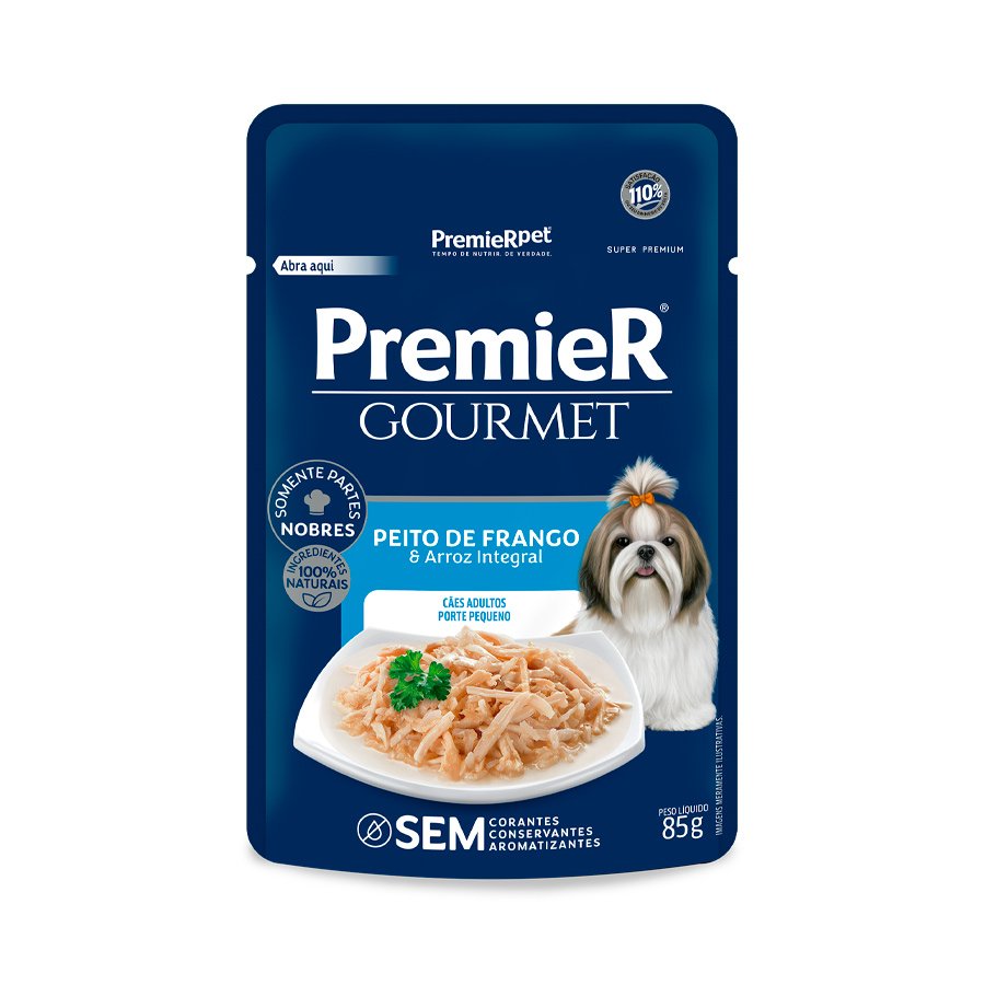 Ração Úmida Premier Gourmet Sachê Cães Adultos Raças Pequenas Peito de Frango e Arroz Integral 85g