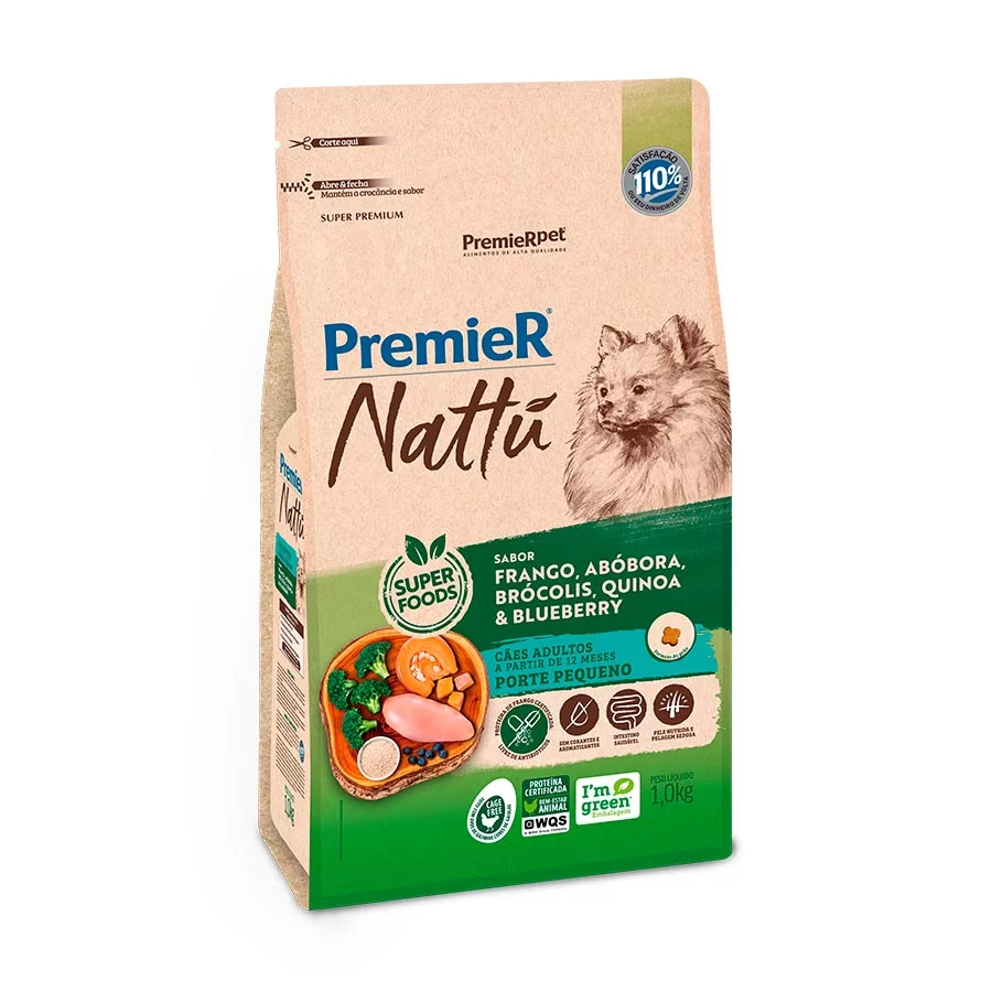 Ração Premier Nattu Cães Adultos Porte Pequeno Abóbora, Brócolis, Quinoa e Blueberry 1kg