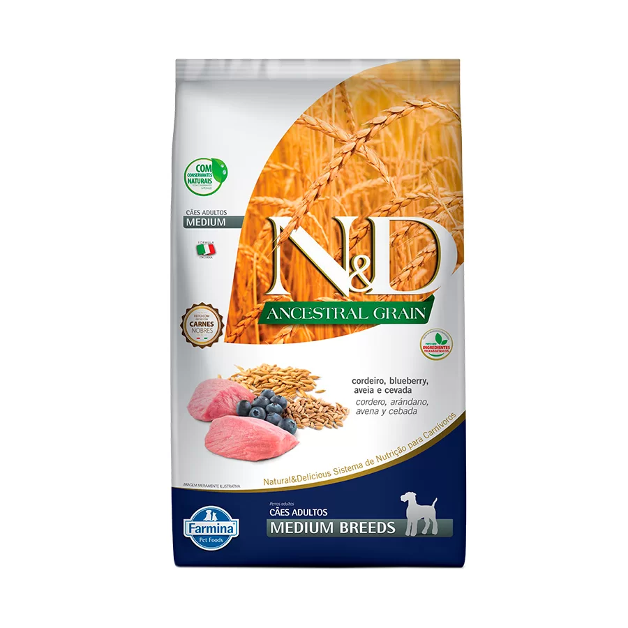 Ração N&D Ancestral Grain Para Cães Adultos de Raças Médias Sabor Cordeiro, Blueberry, Aveia e Cevada - 2,5kg