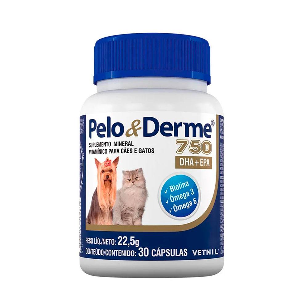 Suplemento Pelo & Derme 750mg DHA+EPA Para Cães e Gatos Vetnil 30 Cápsulas