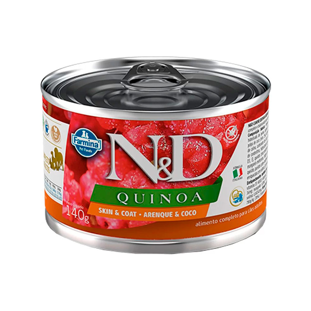 Ração Úmida Lata N&D para Cães Adultos Quinoa – Skin e Coat Sabor Arenque e Coco 140g