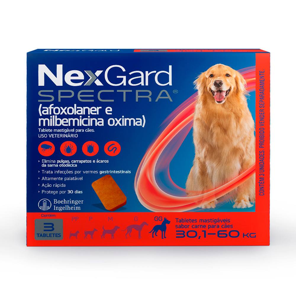 NexGard Spectra Antipulgas E Carrapatos Para Cães De 30,1 A 60kg 3 Tabletes