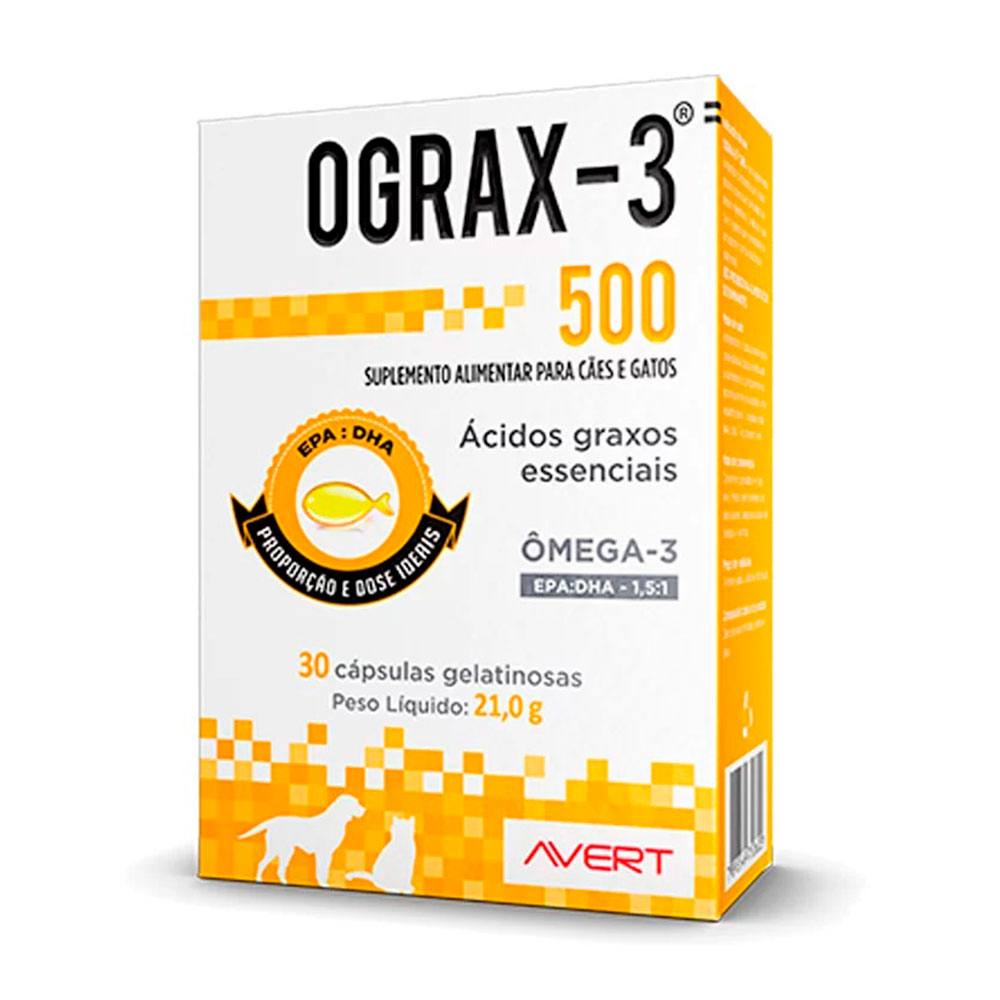 Suplemento Ograx-3 500 Para Cães e Gatos Avert 30 Cápsulas